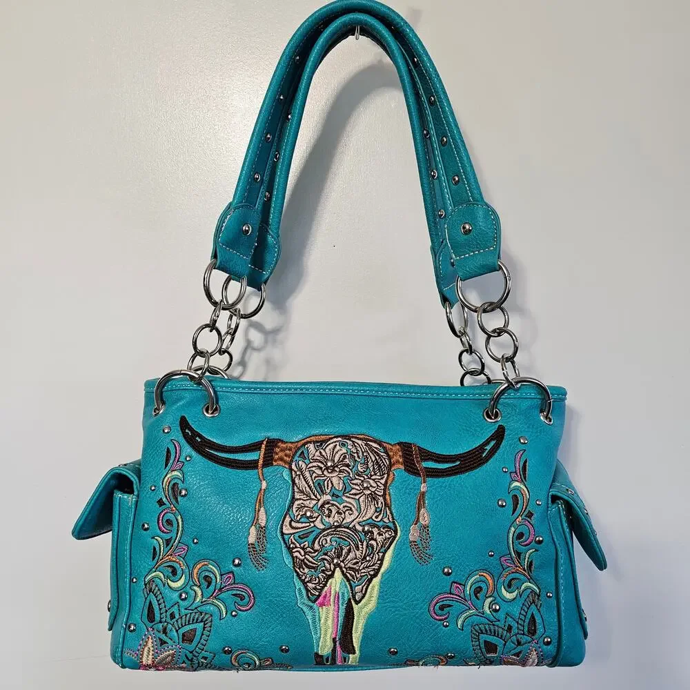 P & G Western Leather Concealed Carry Embroidered Steer Head Purse Handbag